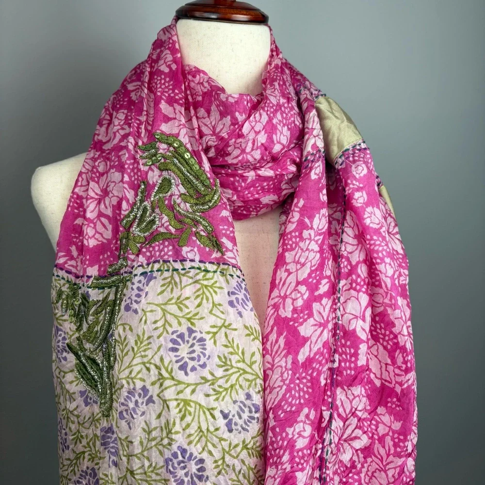 Sete di Jaipur Silk Beaded Sequin Embroidered Scarf 60x40 Hand Stitched Pink